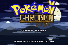 The Pokémon Chronon title screen: the Keeper silhouetted against the moon-clock over an alpine lake