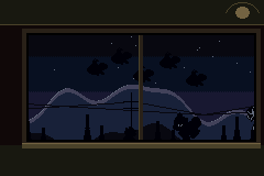 The opening cinematic: the night train's window, a flock passing outside