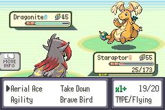 Mega Staraptor battling Mega Dragonite with the move menu open, showing effectiveness, PP and type