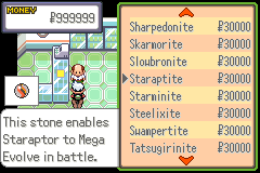 A shop menu listing mega stones at 30,000 each, with Staraptite selected